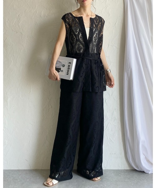 ノースリーブ ブラウス タイトパンツ セットアップ S/L She's Closet セットアップ ノースリーブラッセルレースジレ