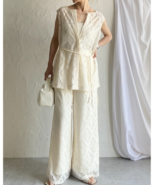 ジレ、ブラウスセットアップ She's Closet セットアップ ノースリーブラッセルレースジレ