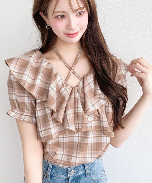 TRALALA ネイビー 半袖 チェック柄襟 トップスリボン付き サイズ０ clear ブラウス シャツ 「新色追加」ビッグリボンチェック柄半袖