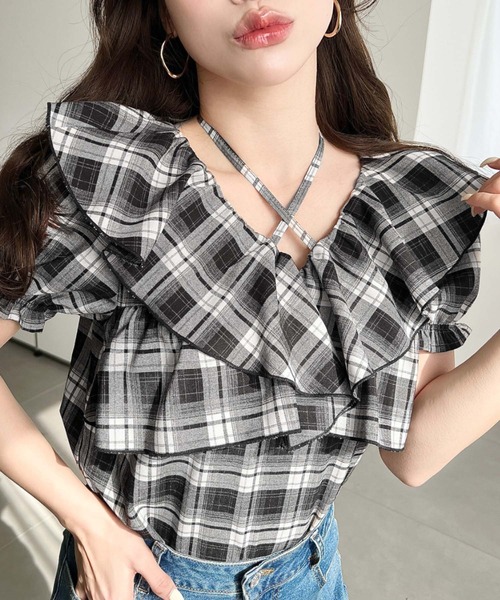 シ*」様 ブラウン チェックリボン 半袖Tシャツ moment+ ブラウス シャツ クロスリボンフリルカラー半袖チェック