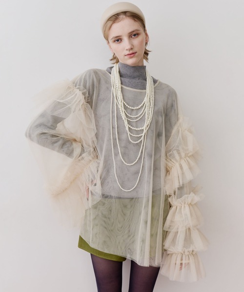 ラベルエチュード　フレンチスリーブレイヤードギャザーチュールデザインTOPS LA BELLE ETUDE（ラベルエチュード） ブラウス シャツ ボリューム