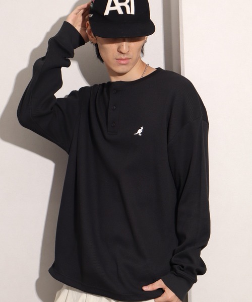 【新品・未使用】バーバリー ワッフルヘンリーネック ロゴ刺繍 長袖 Lサイズ 黒 KANGOL（カンゴール） tシャツ 「KANGOL/カンゴール」別注 ワッフル