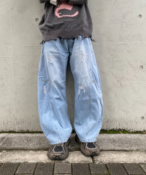lilful ワイドパンツ ジーンズ ウォッシュ加工ダメージワイドカーブ 