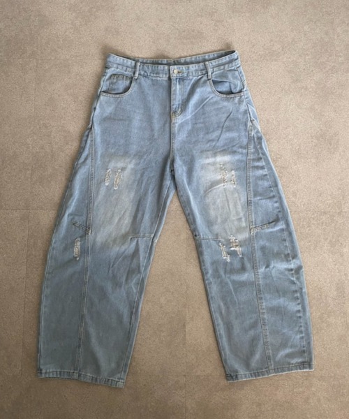 lilful ワイドパンツ ジーンズ ウォッシュ加工ダメージワイドカーブ 