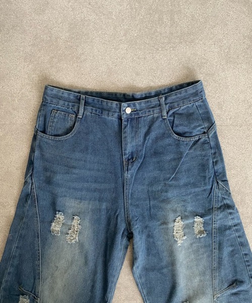 lilful ジーンズ ウォッシュ加工ダメージワイドバギーデニムパンツ