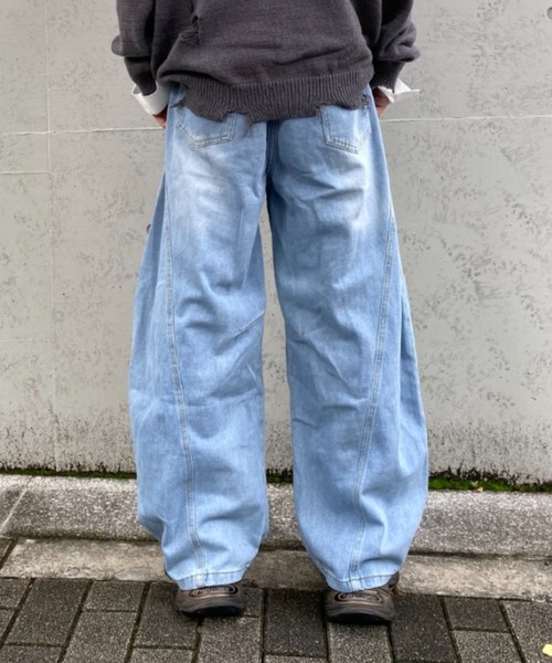 lilful ワイドパンツ ジーンズ ウォッシュ加工ダメージワイドカーブ