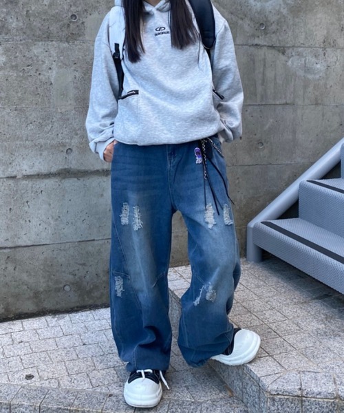 lilful ワイドパンツ ジーンズ ウォッシュ加工ダメージワイドカーブ