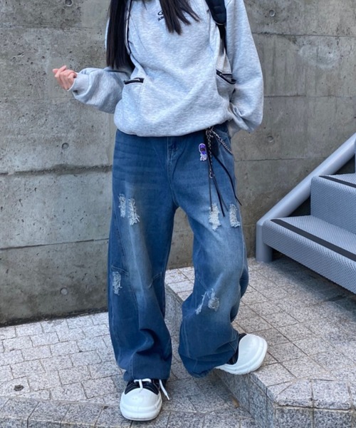 lilful ワイドパンツ ジーンズ ウォッシュ加工ダメージワイドカーブ 