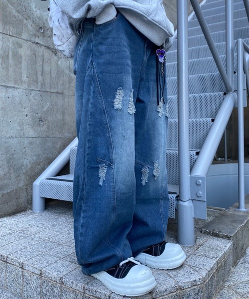 lilful ワイドパンツ ジーンズ ウォッシュ加工ダメージワイドカーブ