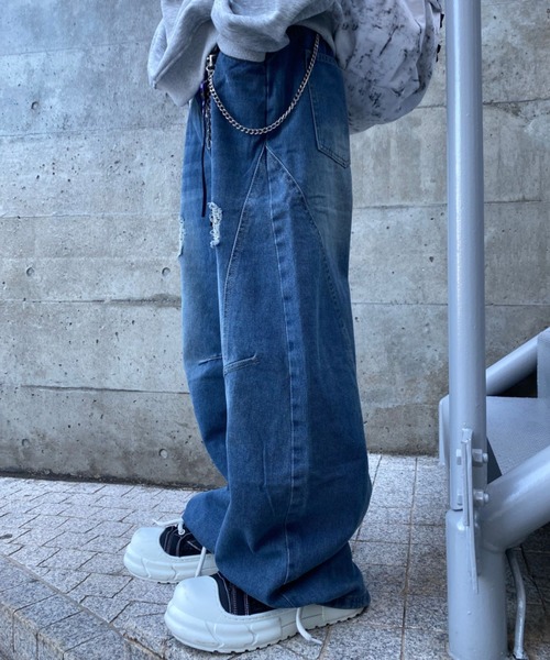 lilful ワイドパンツ ジーンズ ウォッシュ加工ダメージワイドカーブ