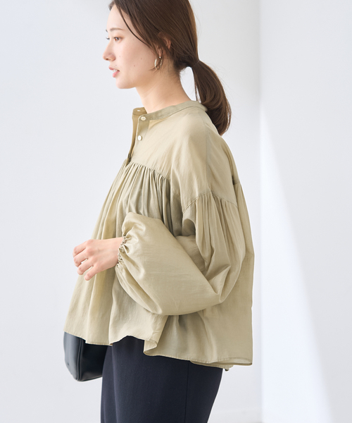 新品 フレームワーク リネンレーヨンフリルブラウス カーキ FRAMeWORK（フレームワーク） ブラウス シャツ ギャザーブラウス