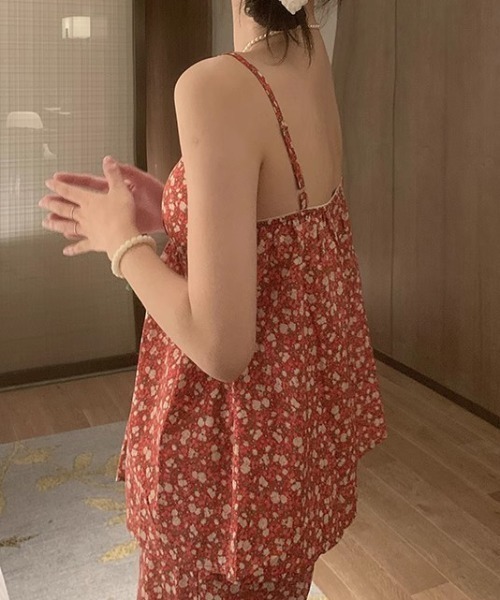 パジャマ ルームウェア 「カップ付き／2点セット」花柄レースルーム