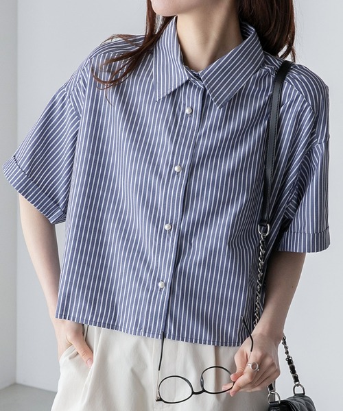 ブラウス シャツ パールボタンクロップドレギュラーカラー半袖シャツ レディース | BONLECILL | 22