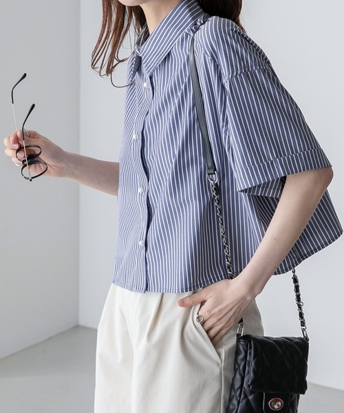 ブラウス シャツ パールボタンクロップドレギュラーカラー半袖シャツ レディース | BONLECILL | 24