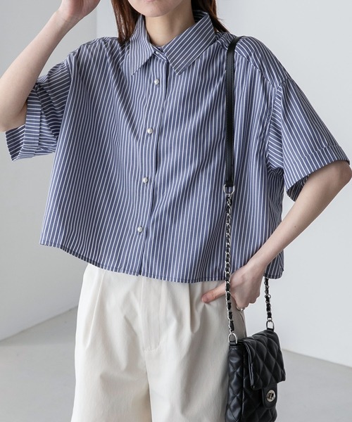 ブラウス シャツ パールボタンクロップドレギュラーカラー半袖シャツ レディース | BONLECILL | 21