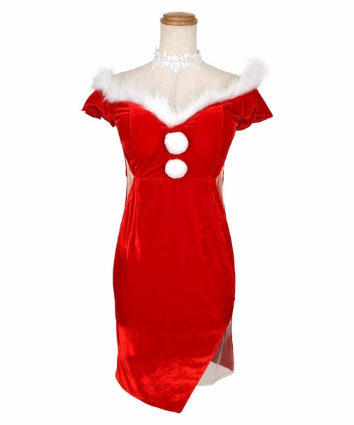 ファーオフショルダー✖️ランダムビジューサンタドレスbkM サンタSALE!!】ファーショルダー/ スパンコール刺繍フレアサンタ