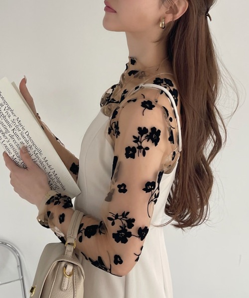 【 】フローラルプリント シースルー シャツドレス セール】シアーシャツドレスwフロッキーフラワー / Sheer Shirt