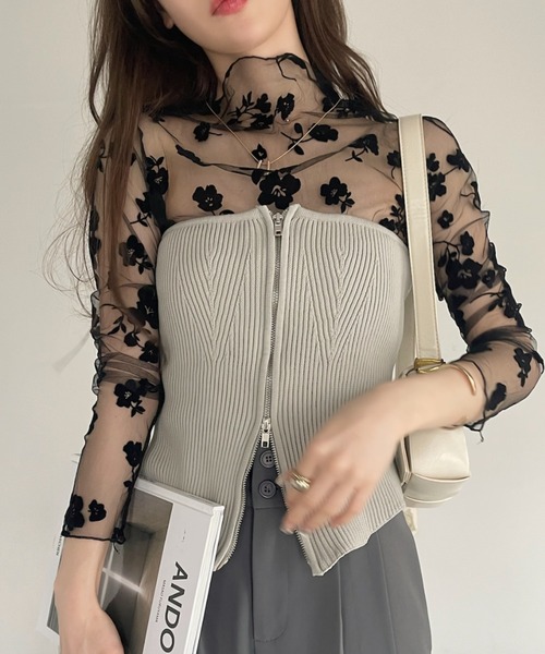 POPPY フラワープリント レッドブーケシースルートップス 赤 ハイネック Red bouquet see-through tops (High / Round neck) – POPPY
