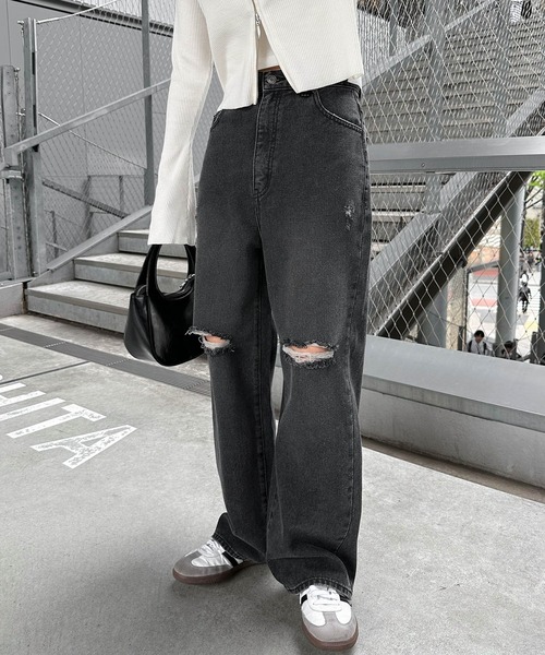 andme ジーンズ デニム デニムパンツ ダメージ加工ワイドデニム
