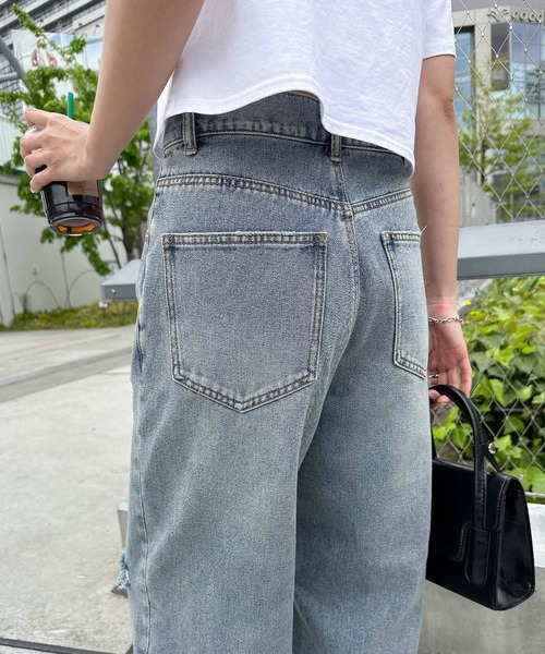 ワイドパンツ デニム ジーパン ダメージ加工 ストリート 6サイズ andme ジーンズ デニム デニムパンツ ダメージ加工ワイドデニム