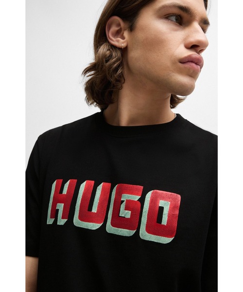 【関税込み】Hugo ブラック コットンジャージ Tシャツ HUGO tシャツ HUGOロゴプリント コットンジャージー Tシャツ