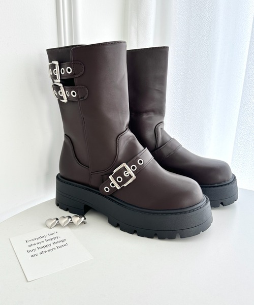 Loueme ブーツ ダブルベルトバイカーブーツ レディース