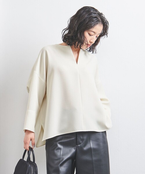 ブラウス シャツ COMFY スリットノーカラー プルオーバー -吸水速乾 UVカット ウォッシャブル- レディース