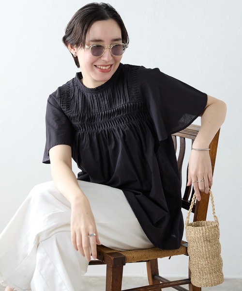 未使用　YACCO MARICARD ピンタック 半袖ブラウス ブラック SOTT ブラウス シャツ 半袖 India cambric pintuck blouse インド