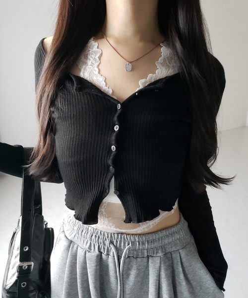 アンサンブル 「 ２点セット 」レイヤードレースシアーリブカットソーカーディガン ／ layered lace sheer rib cut and s