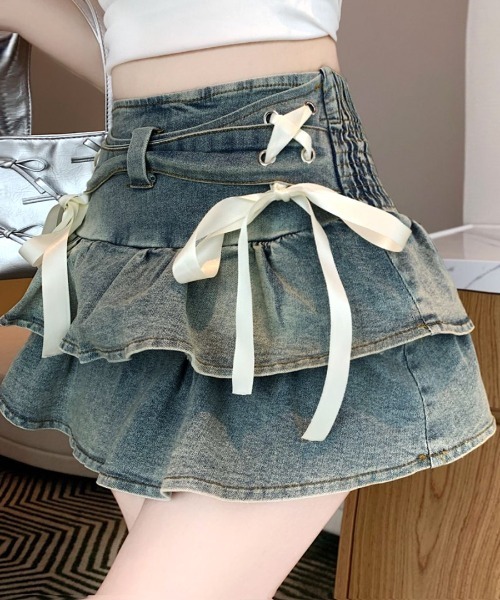 REMUR スカート 夏 リボンデニムフリルミニスカート インナーパンツ