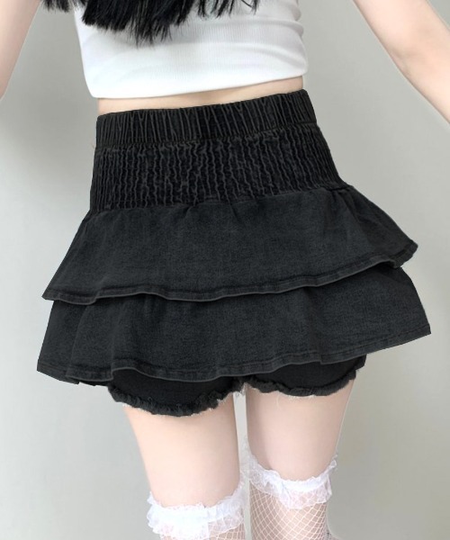 REMUR スカート 夏 リボンデニムフリルミニスカート インナーパンツ