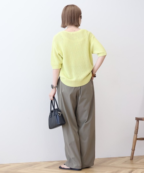 イエロー リブ編み 半袖ニット AMERICAN HOLIC ニット セーター 透かし編み半袖ニットプル