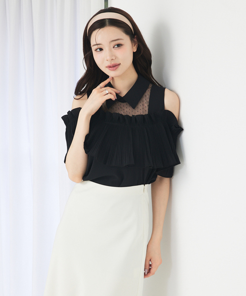 ブラウス シャツ ショルダーオープンプリーツブラウス　シアー　ドット　夏服 レディース SELFIST ブラウス シャツ ショルダーオープンプリーツブラウス