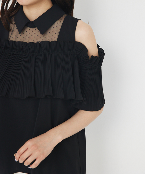 ブラウス シャツ ショルダーオープンプリーツブラウス　シアー　ドット　夏服 レディース SELFIST ブラウス シャツ ショルダーオープンプリーツブラウス