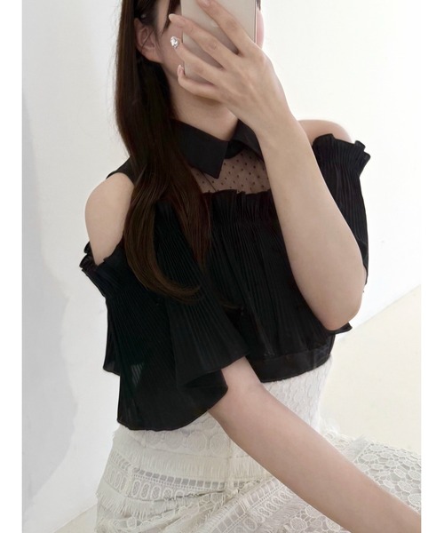 ブラウス シャツ ショルダーオープンプリーツブラウス　シアー　ドット　夏服 レディース