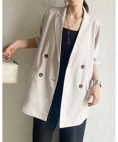 お値引きしました！美品timeless women L-2Aジャケット ベージュ ツイードノーカラーミドル ジャケット （ノーカラージャケット