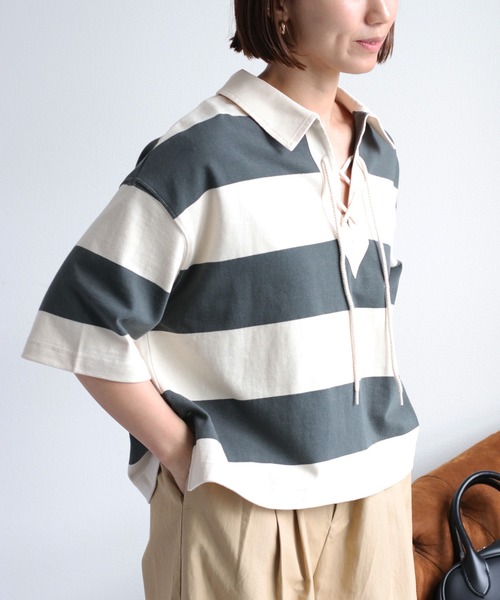 tシャツ レースアップラガーショートスリーブポロTee レディース