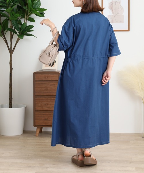 Emago（イマゴ） ワンピース 半袖 配色ステッチ花刺繍ワンピース