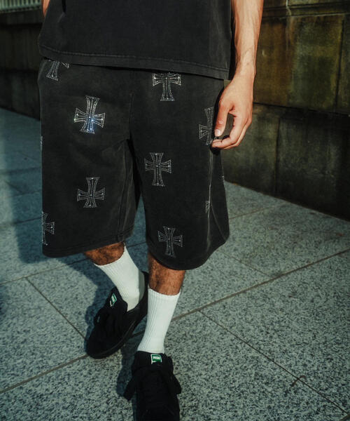 unknown london ハーフパンツ UNKNOWN LONDON アンノウンロンドン｜Cross Fraded Patch Washed