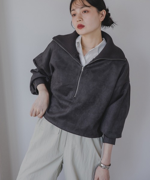 tシャツ フェイクスエード ハーフジップ プルオーバー レディース
