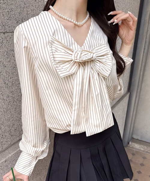 Mejoul ブラウス シャツ ローズモチーフ付 ストライプビッグリボン