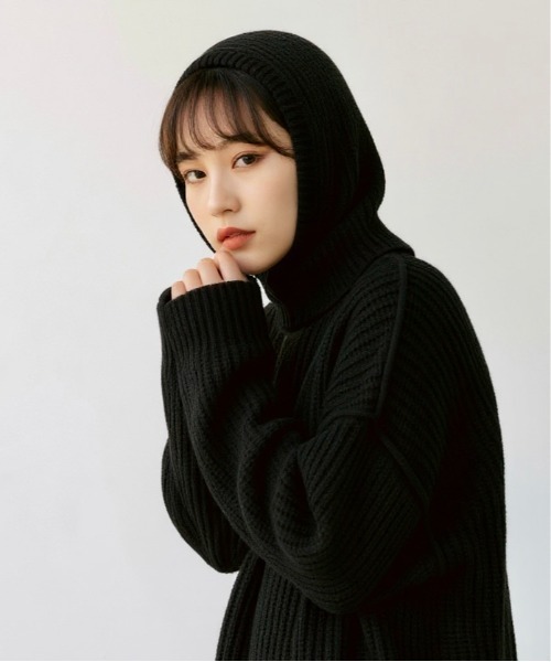 HU フード付きニット帽 黒 BURNER（バーナー） ニット帽 ニットキャップ 「OKUOKU 0909」フード風