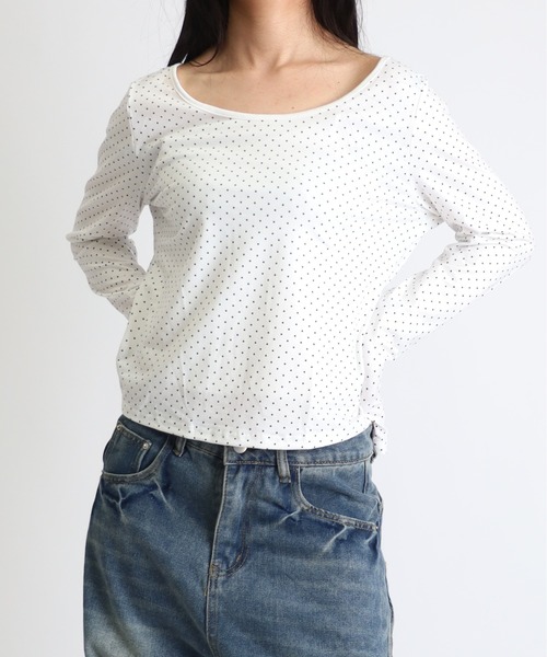 tシャツ ミニドット柄 タイトシルエットロングトップス レディース