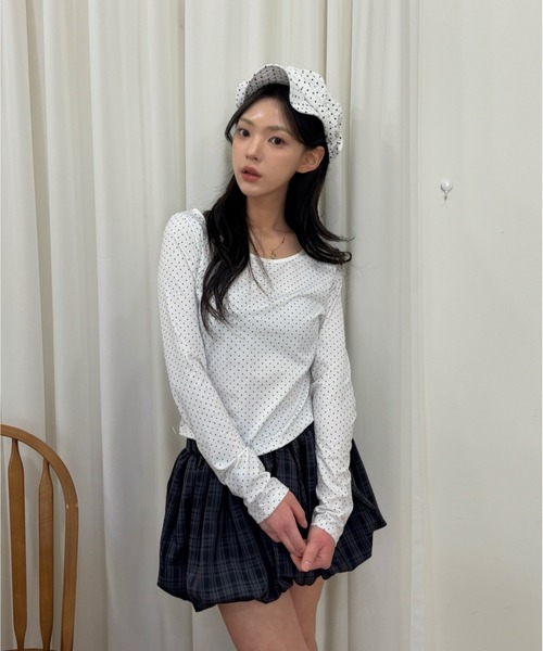 tシャツ ミニドット柄 タイトシルエットロングトップス レディース