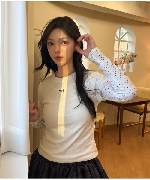 tシャツ ミニドット柄 タイトシルエットロングトップス レディース