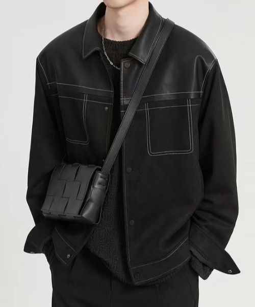 link lot ブルゾン アウター 「春服」ステッチ切り替え フェイクレザー