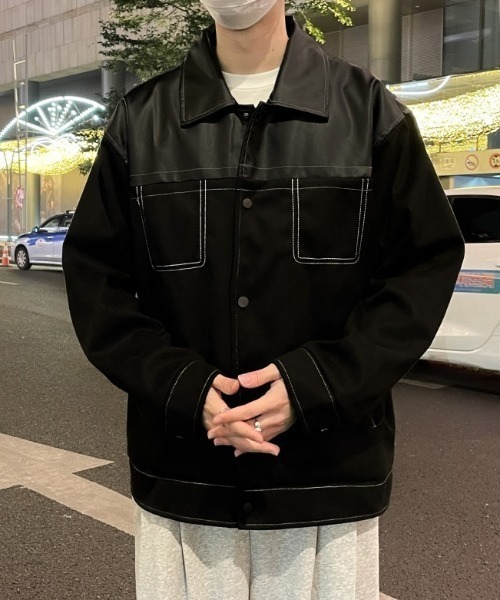 link lot ブルゾン アウター 「春服」ステッチ切り替え フェイクレザー