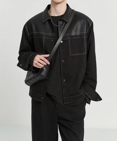 link lot ブルゾン アウター 「春服」ステッチ切り替え フェイクレザー