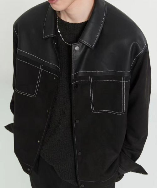 link lot ブルゾン アウター 「春服」ステッチ切り替え フェイクレザー