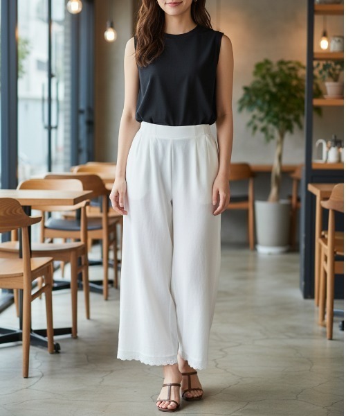 ワイドパンツ パンツ 「裾レース・大人フェミニン」ウエストゴム裾